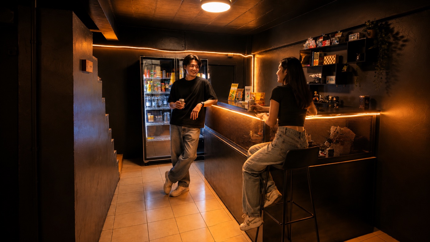 Гости у подсвеченной барной стойки с холодильником для напитков в HempBuddy Lounge