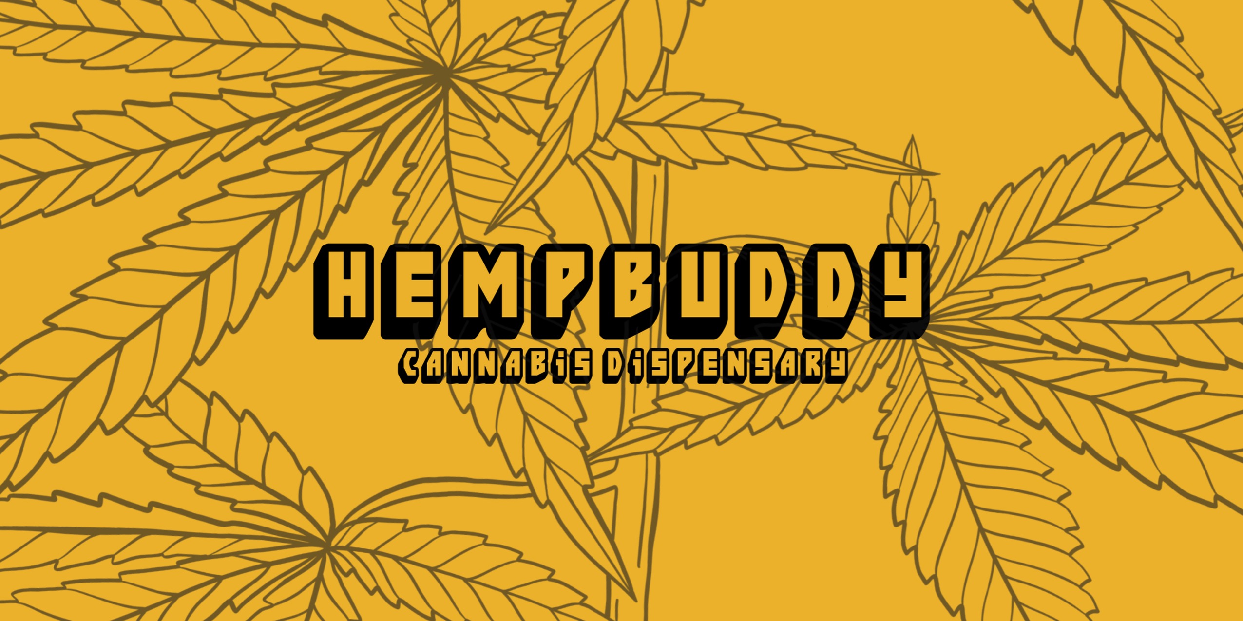 Логотип HempBuddy Cannabis Dispensary на жёлтом фоне с рисунком листьев конопли