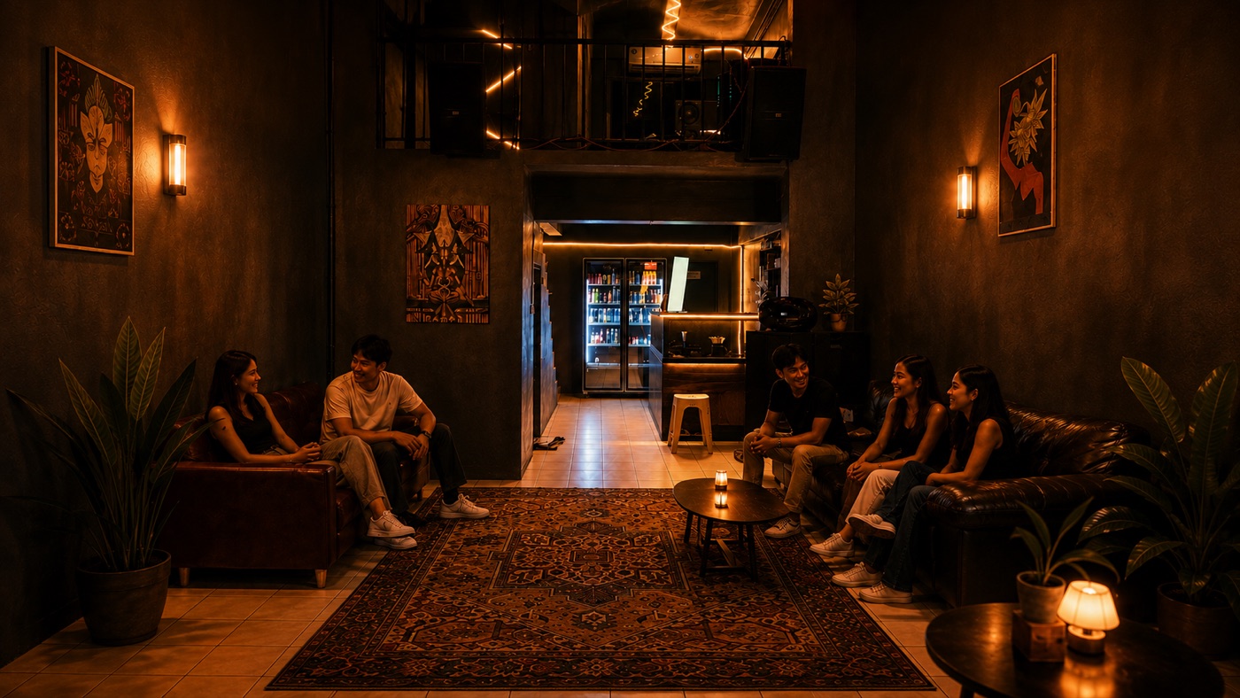 Гости беседуют на диванах в тёплом полумраке лаундж-зоны HempBuddy Lounge в Паттайе